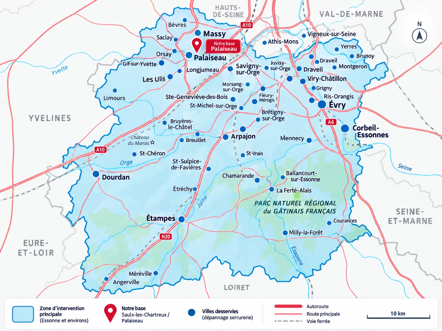 Carte de la zone d’intervention principale de Calliclès en Essonne, avec une base à Palaiseau